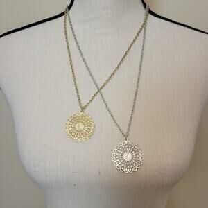 Lot Of 2 NWT Global & Vine Round Flower Filigree Pendant Necklace Silver/Gold